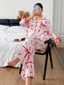 Napfluff CURVE Napfluff CURVE طقم بيجامة مقاس كبير بطبعة قلب مخططة وياقة، ملابس منزلية بتصميم فيونكة لطيف - وردي - مشاهدة 5
