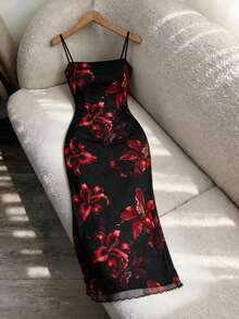 SHEIN MOD Plus Size Elegant Black Burgundy Large Floral Mesh Cami Maxi Dress, Vintage Bodycon Birthday Party Wedding Vacation Summer Dress For Women - Multicolor - View 8