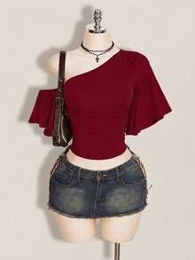 SHEIN ICON 女款素色不對稱領休閒百搭日常穿搭上衣 - 酒紅色 - 查看 1