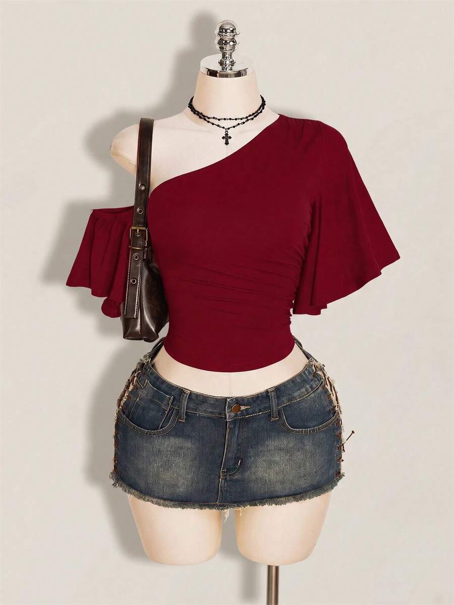 SHEIN ICON 女款素色不對稱領休閒百搭日常穿搭上衣 - 酒紅色 - 查看 1