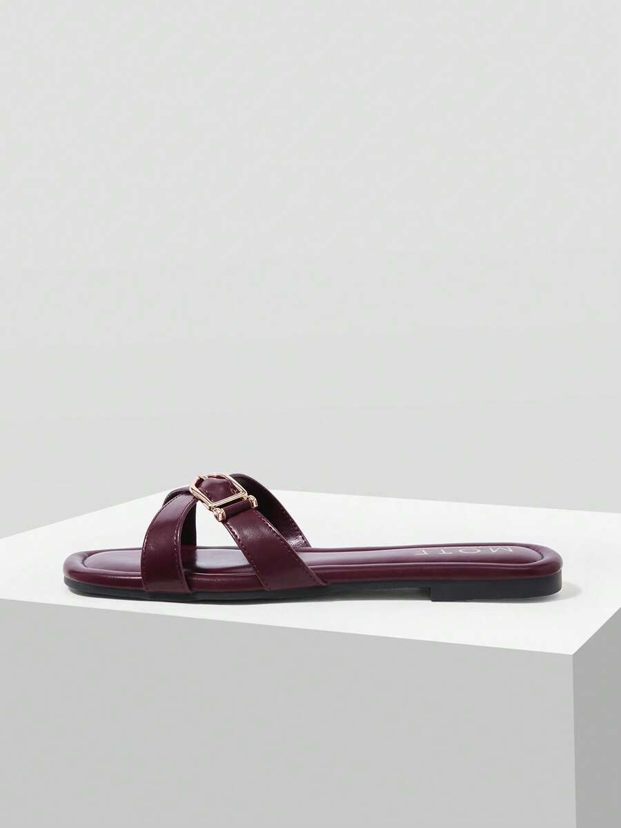 MOTF WOMEN'S SHOES BURGUNDY BUCKLE TRIM CROSS-BAND FLAT SLIPPERS - DAILY/BEACH CASUAL COMFORT SUMMER SANDALS - Burgundy 2 - View 2