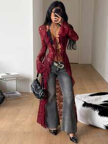 Coolane Women's Fall Streetwear Casual Party Beach Vacation Night Club Night Music Festival Lace Straps And Ruffled Ribbons Burgundy Long Cover-Up - Burgundy - View 1