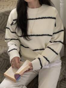 DAZY Women's Colorblock Striped Loose Long Sleeve Crew Neck Casual Vacation Spring Autumn Pullover Knit Sweater - White - View 1