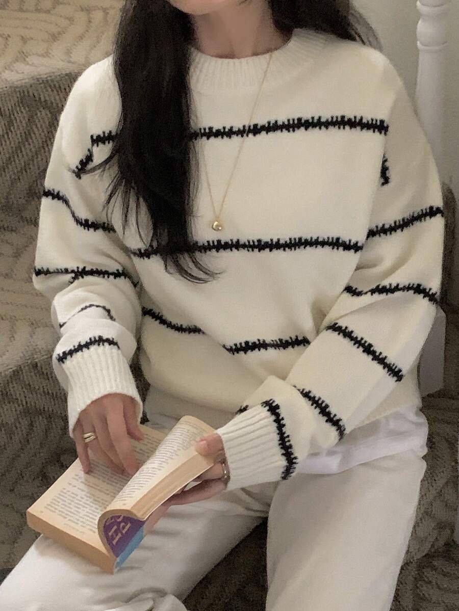 DAZY Women's Colorblock Striped Loose Long Sleeve Crew Neck Casual Vacation Spring Autumn Pullover Knit Sweater - White - View 1