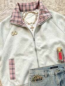 IslaSuriya Sweet Cool Colorblock Pink Plaid Patchwork Grey Sweatshirt - Grey - View 4