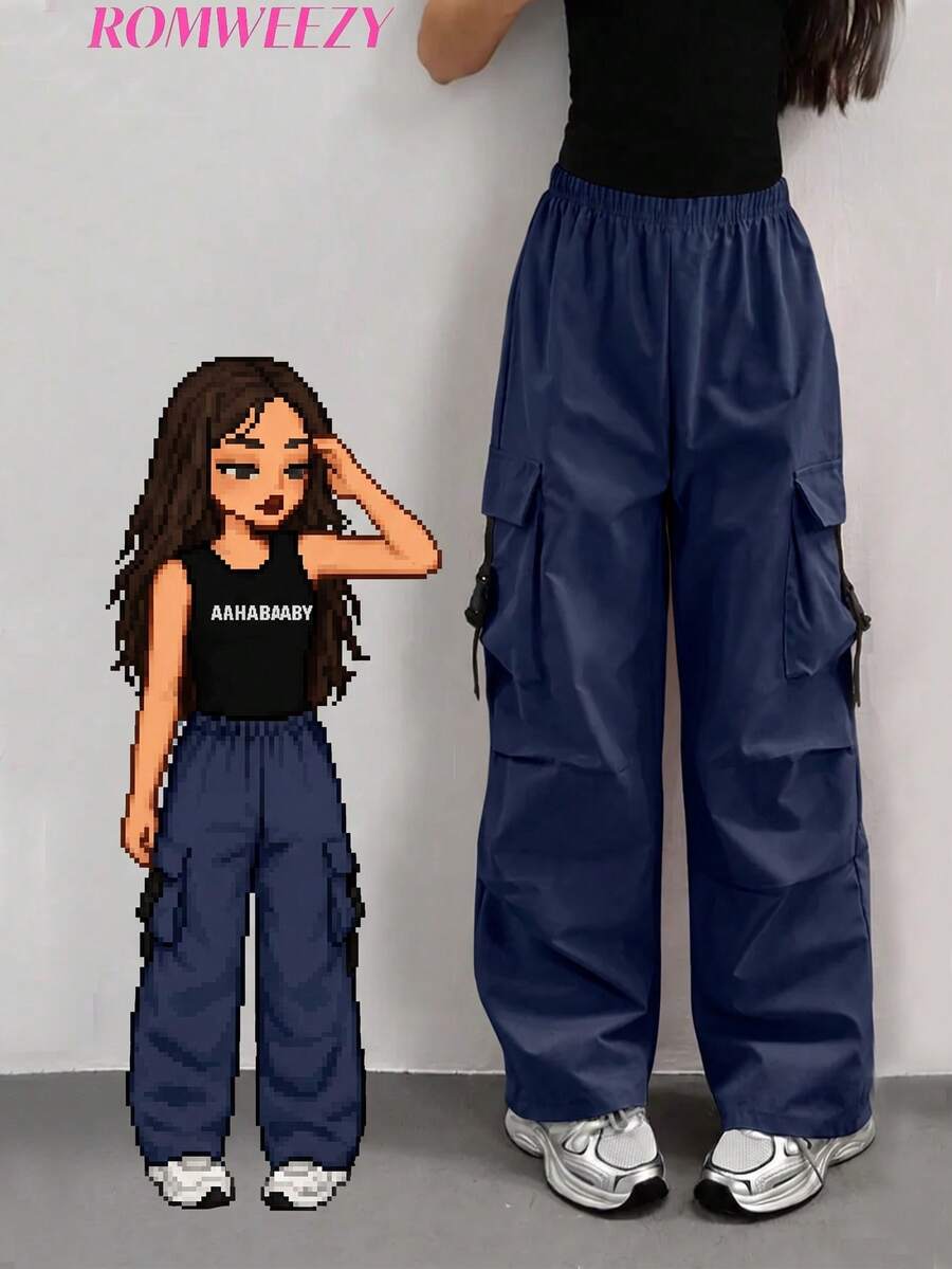 Teen Girl Casual Versatile Solid Color Cargo Pants - Navy Blue - View 1