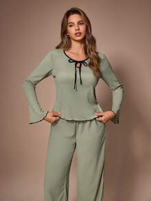 SHEIN Women's Casual Knitted Jacquard Tie Bow Loungewear Pajama Set - Green - View 6