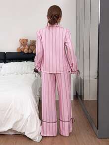 Napfluff Women's Striped Print Casual Loungewear Lapel Contrast Color Long Sleeve Pajama Pants Set - Pink - View 3