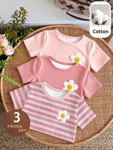 Baby Girl 3pcs -Piece Set Of Short-Sleeved Tee With Shorts Floral Decoration For Casual Everyday Wear - White - View 2