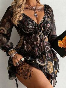 Whyspr Plus Size Floral Print Chiffon Petal Sleeve Blouse - Multicolor - View 1