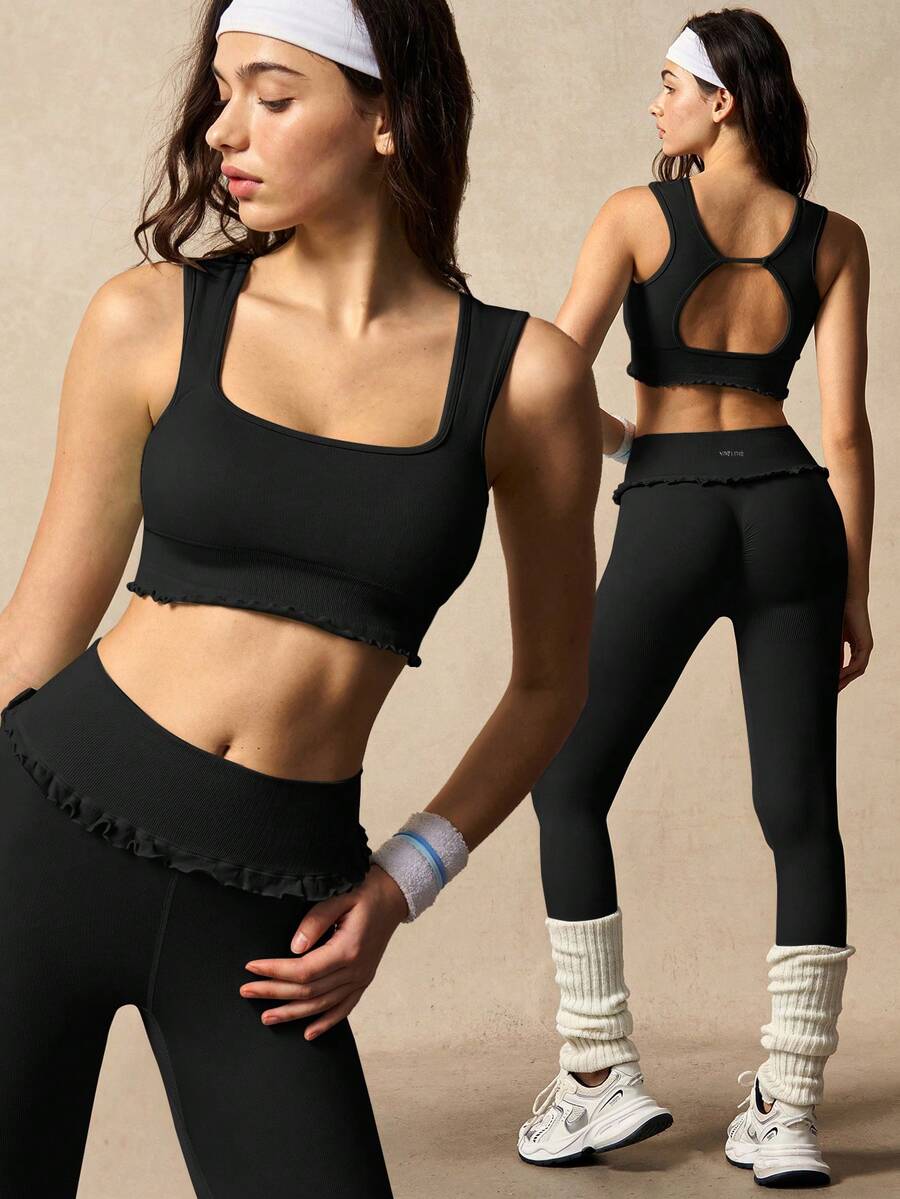 VARSIVA Women's Solid Color Backless Tank Top And Leggings Sports Set - Black - View 1