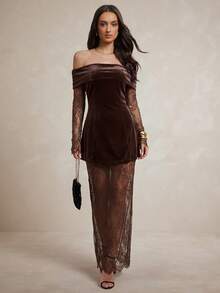 Silquee An Elegant French-Style Women's Workwear Set, Featuring A Coffee-Colored, Waist-Cinching A-Line Top And A Lace Skirt.Suitable For Daily Commuting And - Brown - View 4