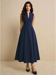 Poéselle Women's Solid Color Zipper Design Sleeveless Elegant Long Dress Office Tea Party Dinner Date Navy Blue Summer Teachers' Day - Navy Blue - View 2