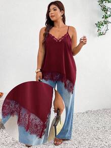 Lounesse Plus Size Women's Lace Patchwork Casual Versatile Daily Wear Camisole Top - Burgundy - View 8