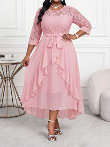 SHEIN Lady Elegantes Midi-Kleid Große Größen für Damen, rosa, mit Spitze, Stickerei, Cut Out Ärmeln, Rüschen und Lagen, für Herbsthochzeiten, Abendveranstaltungen, Gäste, Ninang, Business und Lehrer - Altrosa - Übersicht 5