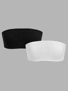 SHEIN Tween Girl Daily Casual Knit Solid Color Non-Wired Bandeau Bra - Black and White - View 2