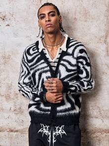 Skyrend Casual Loose V-Neck Long Sleeve Button-Up Cardigan, Zebra Print High Street Style Unisex Top, Suitable For Spring, Autumn And Winter Fall/Autumn/Winter Halloween Grunge - Black - View 5