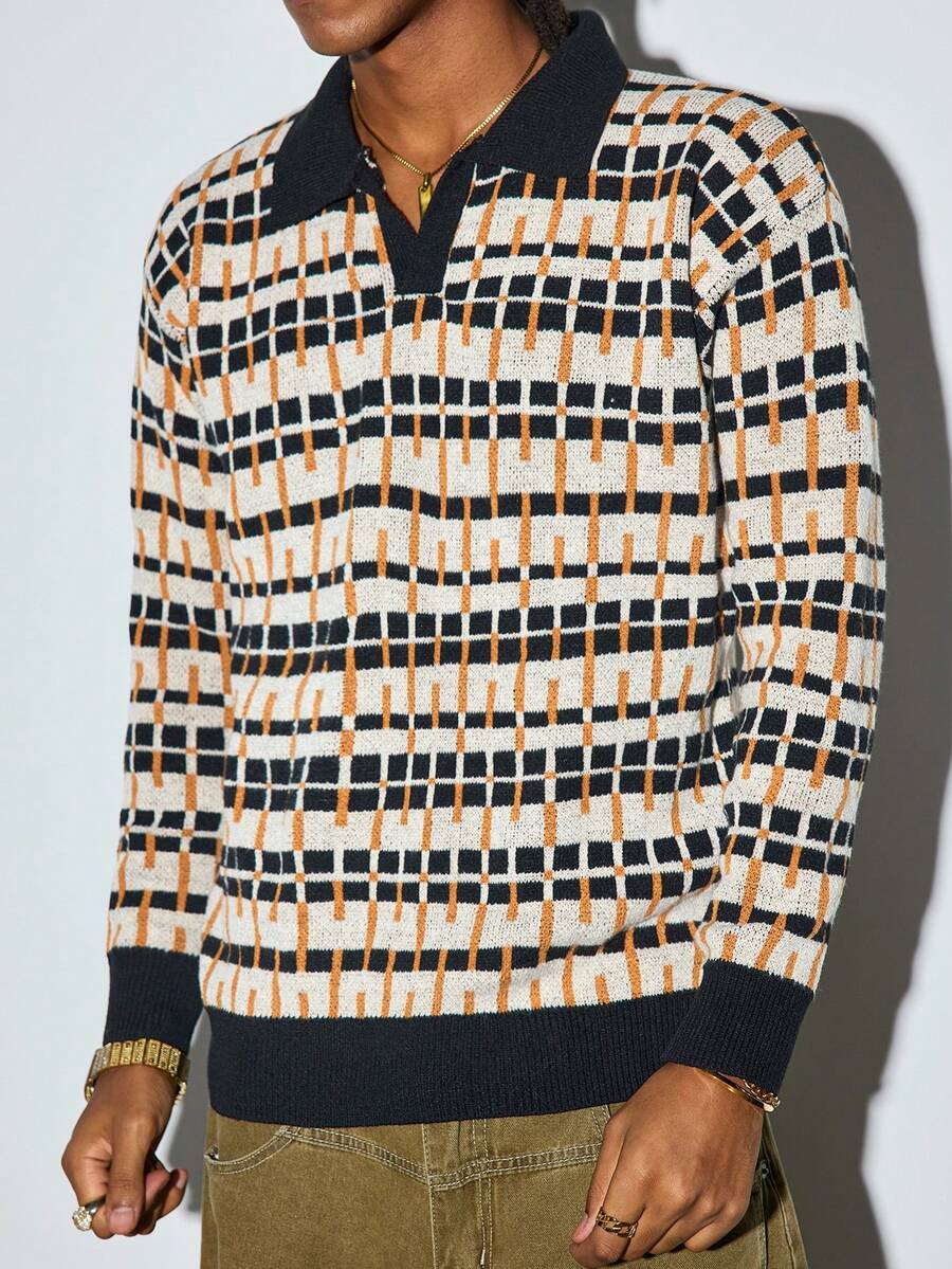 Modcrash Men's Casual Loose Abstract Pattern Colorblock Vintage Pullover Sweater, Versatile For Commuting, Autumn/Winter, Long Sleeve Top - Black - View 1