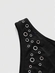 ROMWE Solid Color Casual Street Y2K One Shoulder Cold-Shoulder Eyelet Decor Women's Tank Top - Black - View 3