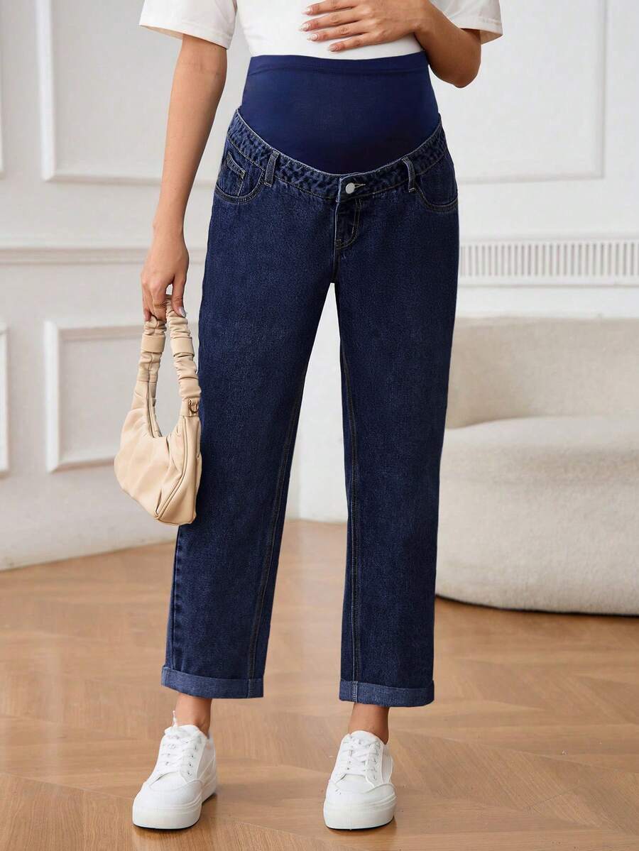 SHEIN 孕婦可調腰圍休閒日常穿著牛仔褲 - 深色水洗藍 - 查看 1