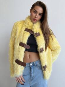 Aloruh Women's Autumn/Winter Fitted Long Sleeve Faux Fur Jacket With Small Stand Collar And Button Closure, Light Yellow - Light Yellow - View 3
