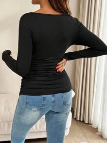 SHEIN 孕婦純色百褶休閒百搭日常穿搭T恤，適合生產、性別揭曉、出院回家，準媽媽秋季穿著 - 彩色 - 查看 6