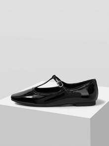 MOTF PREMIUM 女款新款黑色PU材質T字帶平底鞋 - 黑色 - 查看 2