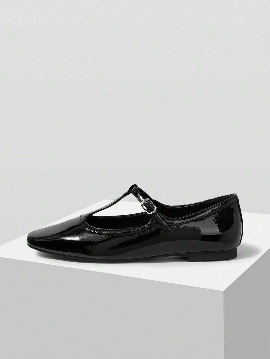 MOTF PREMIUM WOMEN'S NEW BLACK PU MATERIAL T-STRAP FLAT SHOES FALL SHOES - Black - View 2