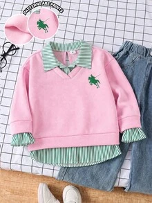 SHEIN Elladie kids 女童時尚簡約馬匹印花拼接撞色條紋印花翻領 2 合 1 設計長袖抓絨內裡衛衣上衣，柔軟面料，充滿活力與青春氣息，適合返校季、外出，秋冬穿著 - 彩色 - 查看 3
