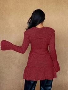 Rafferiza 女款基礎簡約優雅法式時尚浪漫前綁帶開襟衫 - 紅色 - 查看 2