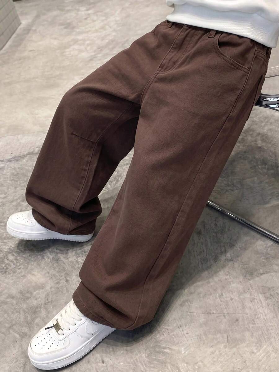 SHEIN 兒童青少年男孩咖啡棕色寬鬆舒適寬腿牛仔褲,萬聖節與黑色上學款 - 咖啡棕 - 查看 1
