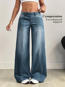 SHEIN Tall Front Patchwork Washed Wide Leg Denim Jeans - Grey - View 4