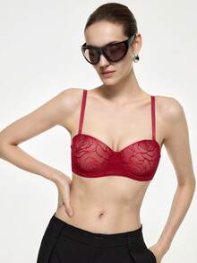 Bralution Push-Up 1/2 Cup Black Elegant Floral Women's Bra Daily Wear Comfy - Burgundy - View 3