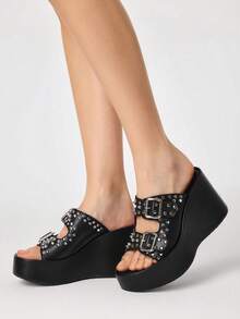 Sugerpunk Women's Fashion Platform Sandals, Dark Punk Style Heavy Industry Rivet Gas Eye Design Thick-Soled Wedge Sandals, Adjustable Elastic Design Subculture - Jazz Black - View 6