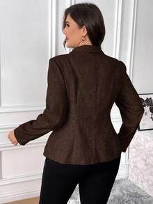 SHEIN Essnce Plus Size Women's Lapel NeckLong Sleeve Single Button Casual Blazer - Coffee Brown - View 2