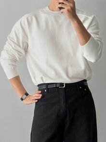 DAZY Spring/Autumn White Long Sleeve Ribbed Hem And Cuffs Solid Color Commuter Men's Sweater - White - View 3
