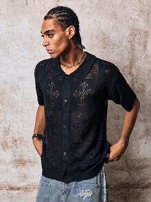Skyrend Men Black Knit Cardigan, Polo Collar Short Sleeve Mesh Hollow Out Button Front Sweater Fall/Autumn/Winter Halloween Grunge - Black - View 5