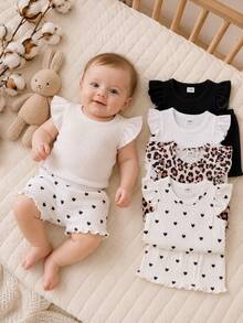 SHEIN Playful Pals 8件組 嬰兒女童 0-3歲 春夏新款 休閒日常外出可愛素色針織羅紋短袖T恤上衣與短褲套裝 - 彩色 - 查看 1