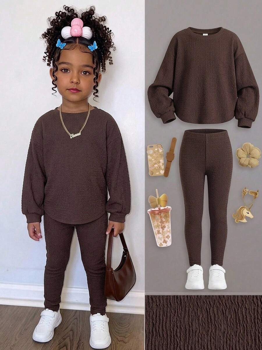 Young Girls Young Girl Coffee Color Textured Knit 2-Piece Set Casual Versatile Daily Autumn New Back To School Halloween Holiday Party - Coffee Brown - View 1