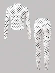 SHEIN Tween女孩白色波點印花領口拉鍊修身休閒套裝附內搭褲，運動套裝 - 白色 - 查看 4