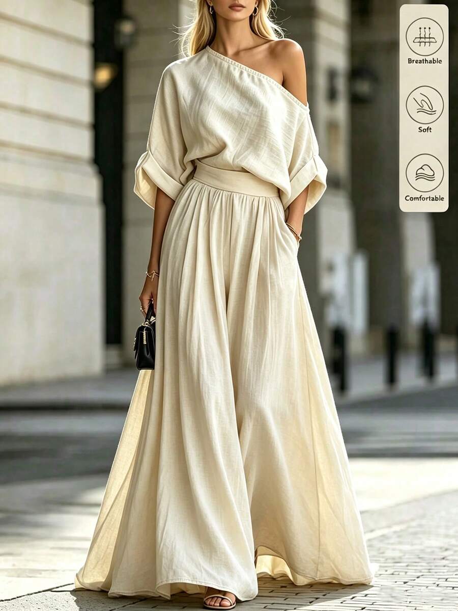 SHEIN Women's Asymmetric Neck Umbrella Hem Long Dress, Suitable For Occasions, Vacation, Home, Date, Beach - Beige - View 1
