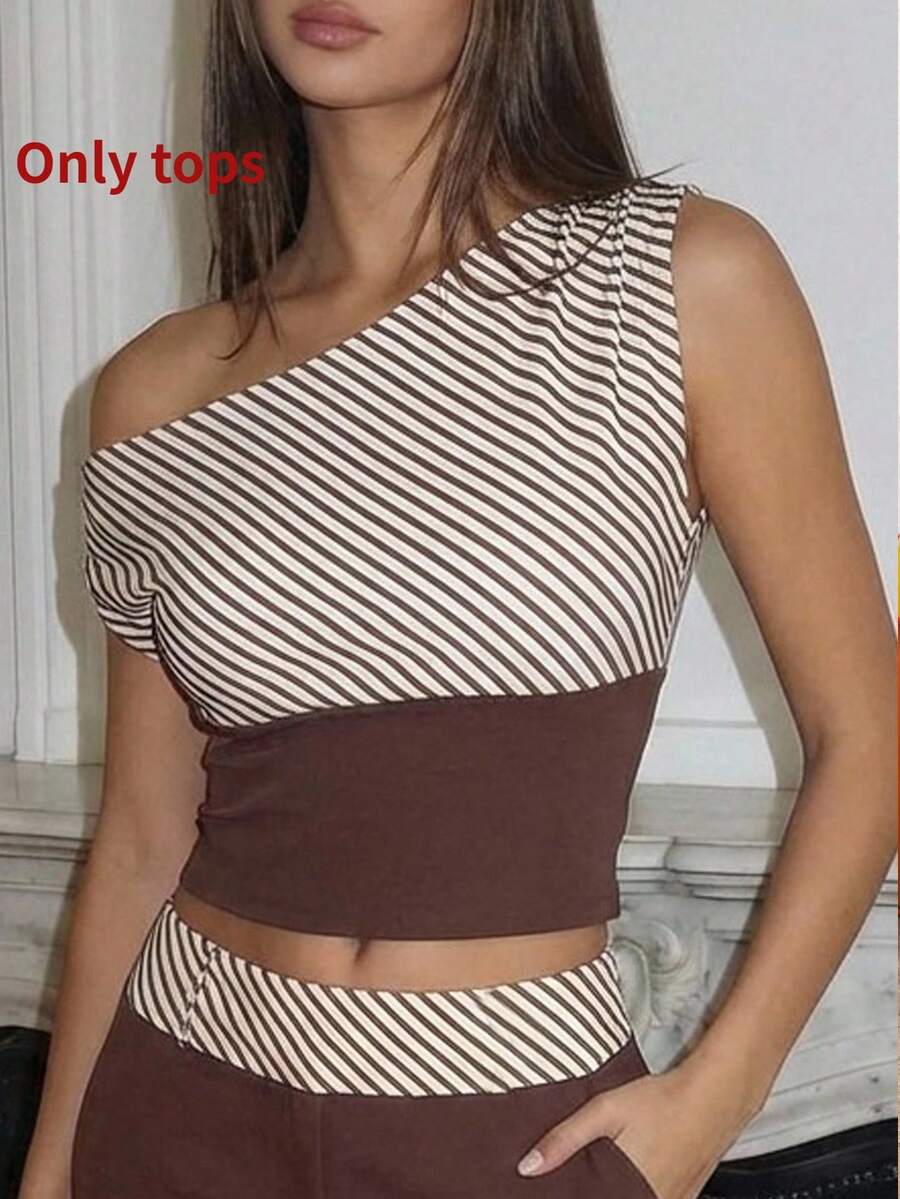 SHEIN SXY 女款棕色條紋夏季兩件式休閒套裝,性感時尚派對夜會不對稱領單肩上衣與寬腿帕拉佐長褲套裝,咖啡色襯衫 - 彩色 - 查看 1
