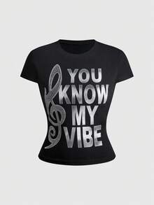 ROMWE Grunge Punk Women's T-Shirt With Rhinestone Slogan, Silver Foil Musical Note, Sexy Street Punk Rock Style - Black - View 1