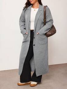 Enliva Plus Size Women Solid Color Lapel NeckLong Sleeve Long Loose Knit Cardigan Winter - Grey - View 6