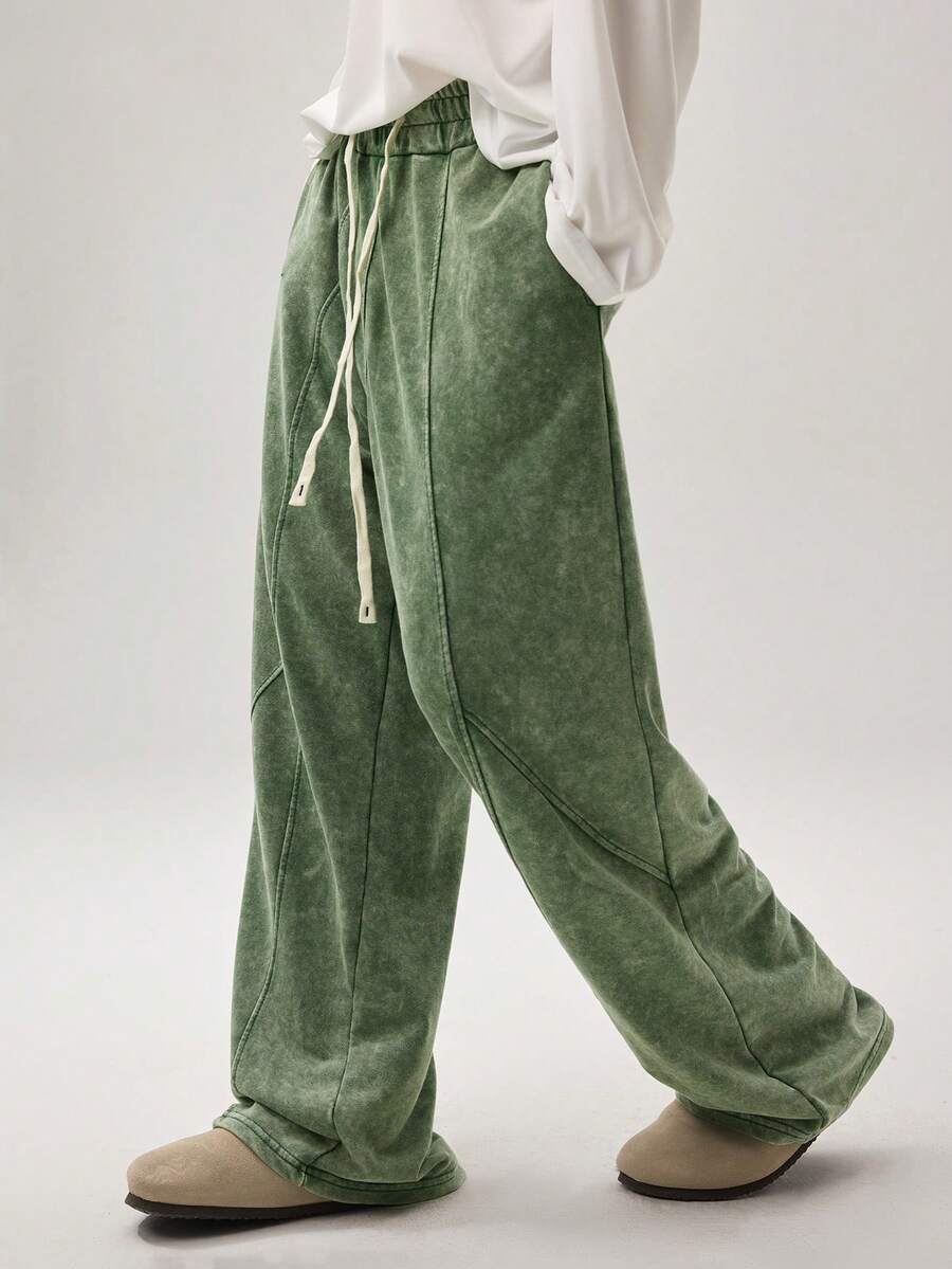 Vaulklash Men's Solid Color Elastic Waist Drawstring Casual Green Retro Sweatpants, Fashion & Versatile Cotton - Green - View 1