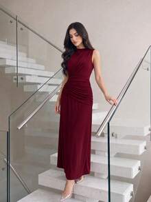 Modelyn Half-High Neck Sleeveless Pleated Versatile Elegant Elegant Vacation Party Dinner Dress Burgundy Summer - Burgundy - View 3