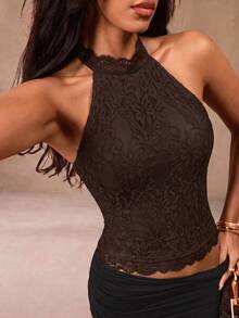 Opulessa Casual Vacation Solid Color Knit Lace Halter Neck Backless Women's Top - Brown - View 5