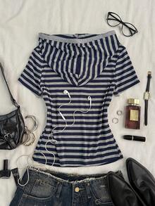 Attitoon Women's Striped Button Half-Placket Short Sleeve Casual Hooded T-Shirt - Grey - View 2