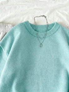 SHEIN Unity 女款素色休閒百搭日常穿著長袖針織衫 - 水藍色 - 查看 7