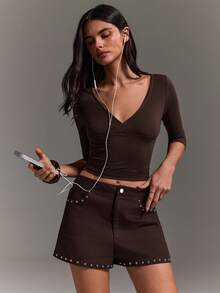 Athîral Women's Casual Hip Hop Streetwear Disco Punk Grunge Vacation Dark Brown Colorblock Studded Shorts, Date Going Out Concert Night Party Outfit Summer - Coffee Brown - View 5